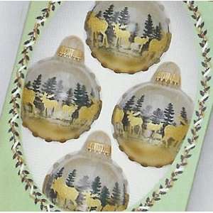  Set of 4 Clear Glass Ball Moose Scene Christmas Ornaments 