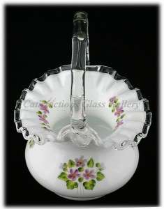  Violets in the Snow Art Glass Basket Milk Glass Silvercrest Gift