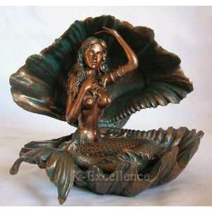  Mermaid in Seashell Fantasy Statue, Antique Copper Finish 