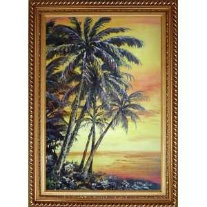 Beach Palm Trees at Golden Sunset Oil Painting, with Exquisite Dark 