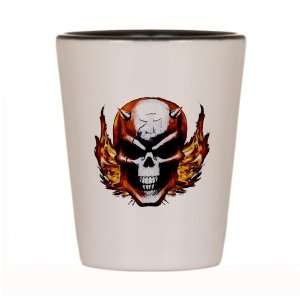  Shot Glass White and Black of Skull with Flames Iron Cross 