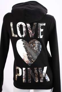 Victorias Secret Love PINK Sequin Bling Zip Hoodie Sweatshirt  