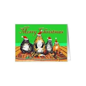 Merry Christmas from us all. Cats in Santa hats on oriental rug, Humor 