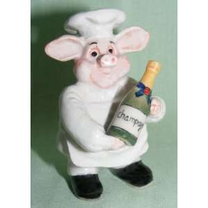  PIG CHEF holds a Bottle of CHAMPAGNE TINY Piglet Porcelain 