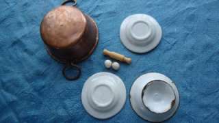   vintage dollhouse Miniatures Copper Tub Enamelware Bowl China dishes