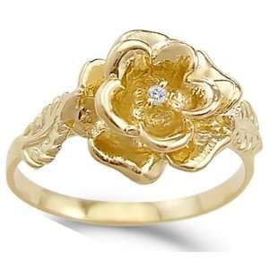 Rose Ring Flower Leaf Cubic Zirconia 14k Yellow Gold Fashion (0.05 CT 