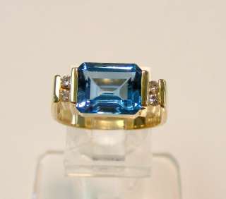 NEW 14K GOLD EMERALD CUT LONDON BLUE TOPAZ DIAMOND RING  
