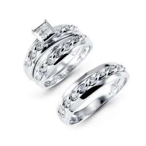    14K White Gold Round Princess Diamond Bride Groom Ring Jewelry