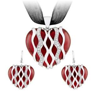  Sterling Silver Fashion Set Red Resin Heart with Cubic 
