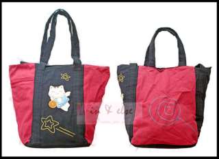 Navy Blue Pink Lucky Cat & Star Cotton Shoulder Bag Handbag Tote 