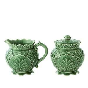  J. Willfred Ceramics Green Leaf Majolica Sugar & Creamer 