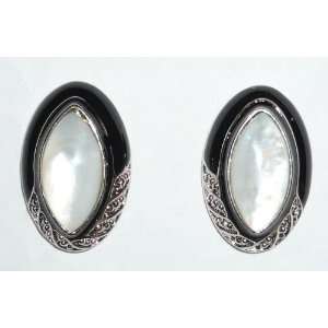  Mother of Pearl Shell & Black Enamel Clip Earrings 