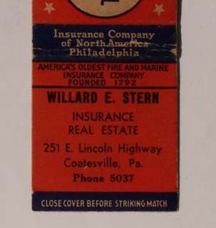 1942 Stern Insurance Diamond Matchbook Coatesville PA  