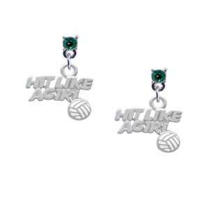Silver Hit Like a Girl with Enamel Volleyball Emerald Swarovski Post 