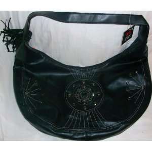    Black Vinyl Embroidered Hobo Hand Bag/purse