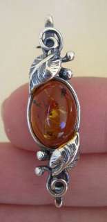 BALTIC WHITE, HONEY or GREEN AMBER & STERLING SILVER LEAF BROOCH PIN 