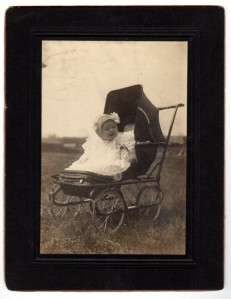Cute Baby Girl in a Carriage/Buggy Fancy Bonnet 1900s  