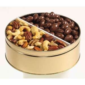 26 oz. 2 way snack tin with Mixed Nuts and Chocolate Covered Almonds 