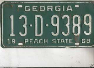 1968 GEORGIA~13 D 9389~PEACH STATE~LICENSE PLATE~TAG  