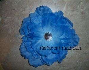 LT. BLUE PEONY FLOWER HAIR CLIP w/ CRYSTAL  