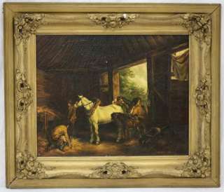 Antique 19c Oil Painting on Canvas Scene of Horses in Barn Original 