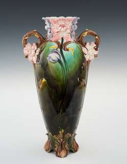 Continental Majolica Vase 17.5 High Double Handles Flower Design 