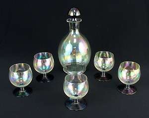   BOHEMIAN LOETZ IRIDESCENT GLASS LIQUOR DECANTER BOTTLE STOPPER GLASSES