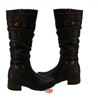 Women Fashion Leather Slouch Back Zipper Mid Calf Tall Riding Boots 