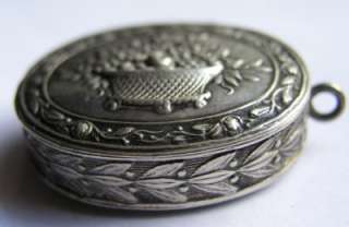 ANTIQUE 1900 SILVER REPOUSSE SNUFF PILL BOX CHATELAINE  