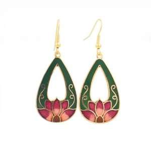    Chinese Cloisonne Gold plated Enamel Lotus Earrings Green Jewelry