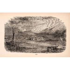 1873 Wood Engraving Joppa Joffa Biblical River Boat Cityscape Wolcott 