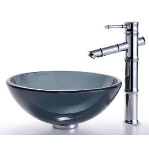  Clear Black 14 inch Glass Vessel Sink and Bamboo Faucet C 