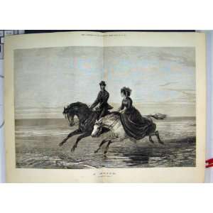    1873 Woman Man Galloping Horses Romance Antique Art