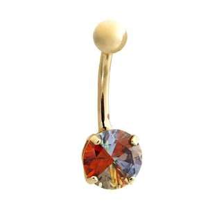 Rainbow Cubic Zirconia Round Solitaire 14K Yellow Gold Belly Button 