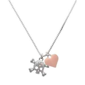   Skull with 3 AB Crystals and Pink Heart Charm Necklace Jewelry