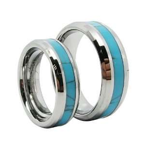 Matching Comfort Fit Synthetic Turquoise Inlaid Tungsten Wedding Rings 