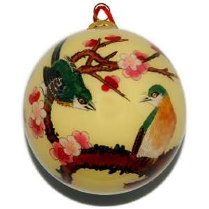  Hand Painted Glass Ornament, Pale Yellow 2 Birds with Cherry 