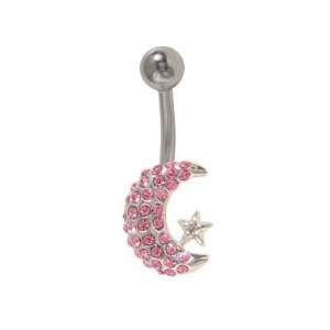  Moon & Star Belly Ring with Pink Jewels Jewelry