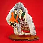 HAND PAINTED ROCK ART Old Asia People Marble stone natural teak root 