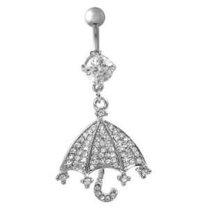 316L Surgical Steel Dangling Umbrella Belly Ring with Clear Crystals 