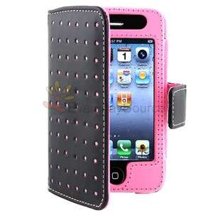 Pink Black Polka Dots Leather Flip Cover Skin Case for iPhone 4 G 4G 