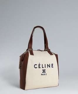 Celine cream canvas and calfskin vertical logo print tote   up 