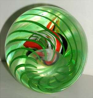 Egg Shaped Art Glass Paperweight w/ Green Swirls  