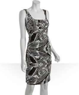 Nicole Miller charcoal tribal art stretch silk tucked scoopneck dress 