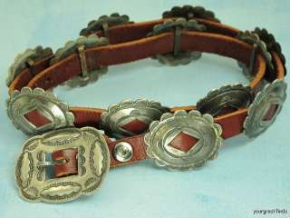 OLD NAVAJO STERLING SILVER & LEATHER CONCHO BELT  