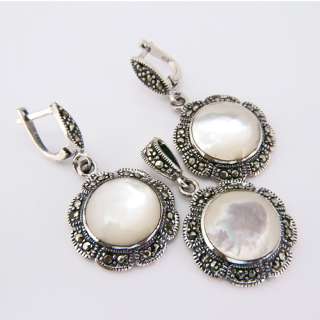   Pearl Gemstone Marcasite Genuine 925 Silver Earring Pendant Set  