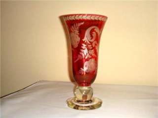 Gorgeous Bohemian Ruby/Clear Glass Vase Etched *WOW*  