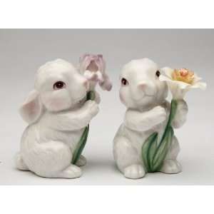 Cute Bunny Rabbits Couple with Flowers Salt & Pepper Shakers