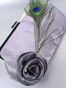 Chic Gray Satin Flower Bouquet Peacock Feather Clutch Evening Purse 