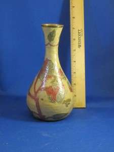 Vintage Brass Vase Hand Painted Enamel Painted Flowers  